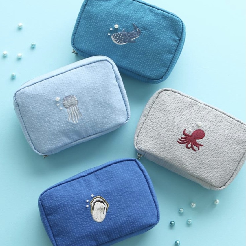 海洋生物パール刺繍多ポケットポーチ